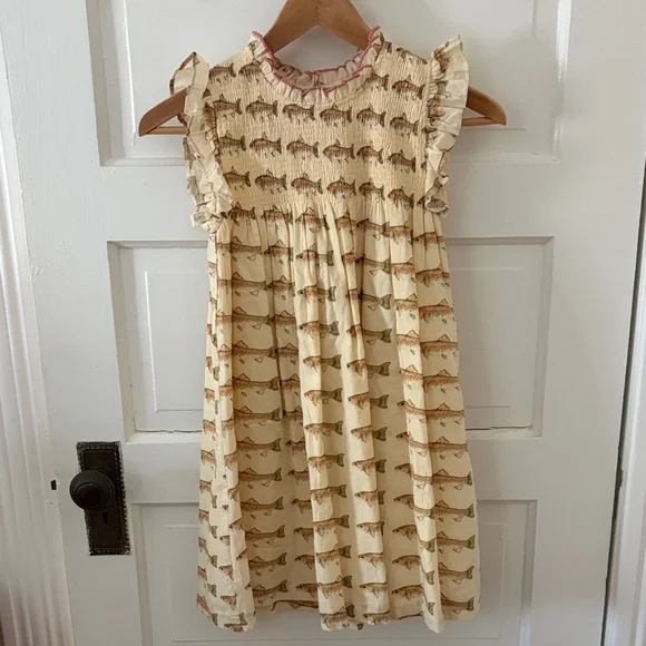 Pink Chicken Cream Fish-Print Smocked Ruffle Dress with Pink Trim - Picture 1 of 3